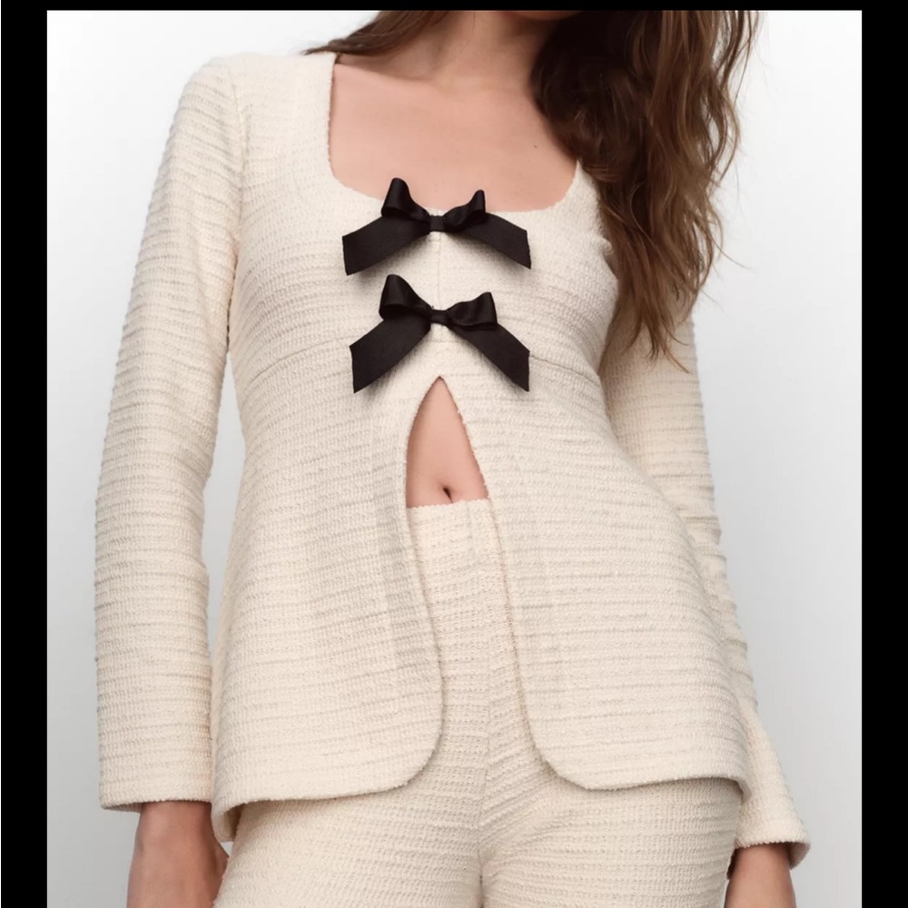 Zara Cream Textured Top with Black Bows